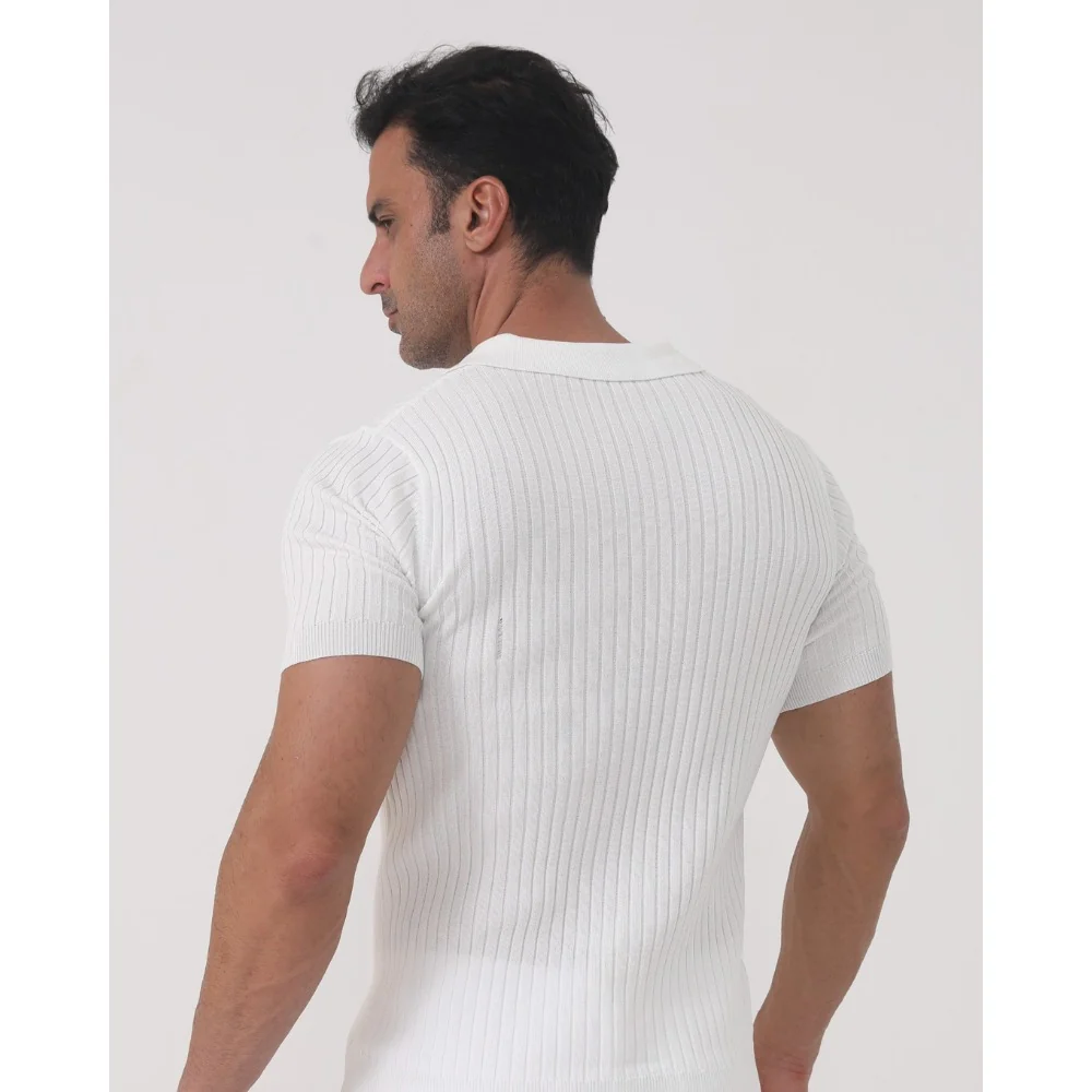 Kaven - Men's Polo Shirt Short Sleeve Ribbed Knit Open V-Neck