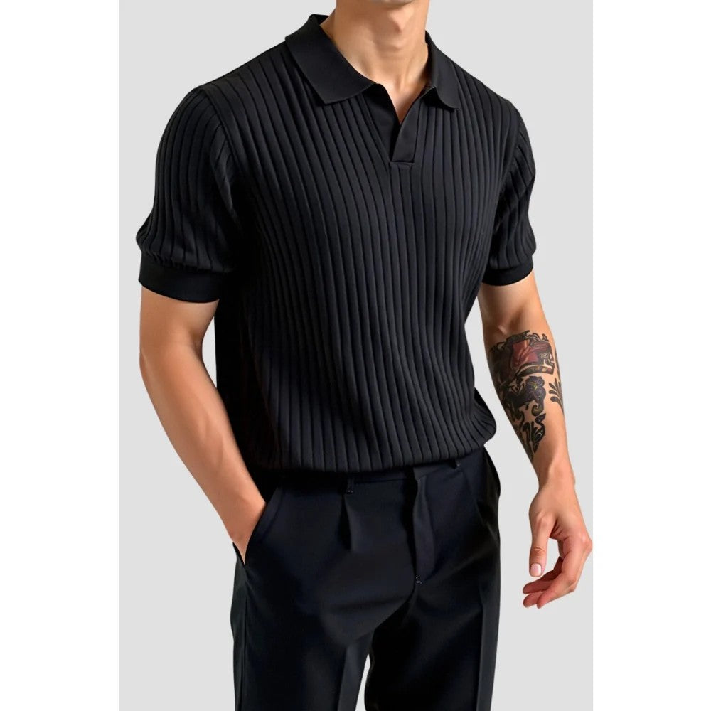 Kaven - Men's Polo Shirt Short Sleeve Ribbed Knit Open Collar