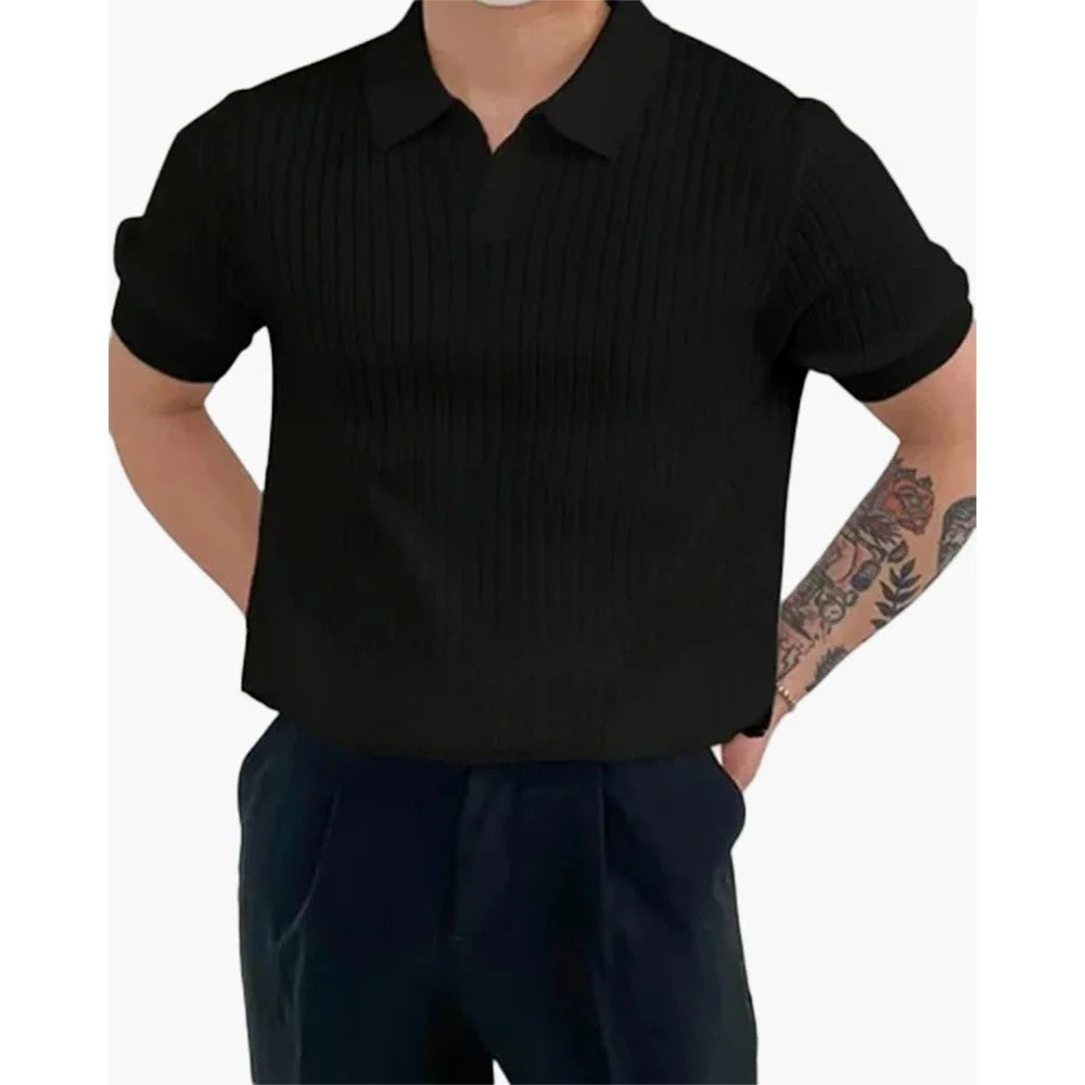 Kaven - Men's Polo Shirt Short Sleeve Ribbed Knit Open V-Neck