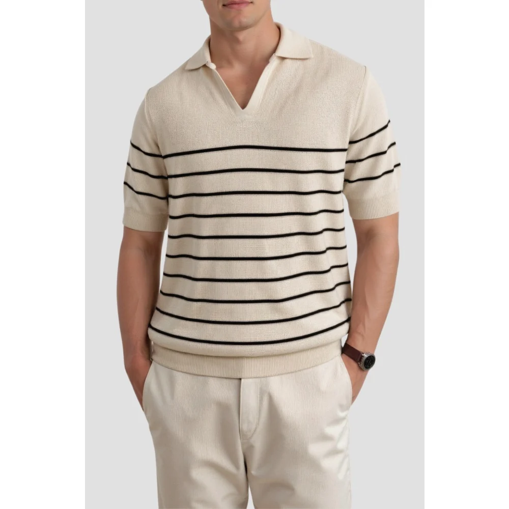 Kaven - Men's Polo Shirt Short Sleeve Striped Knit V-Neck
