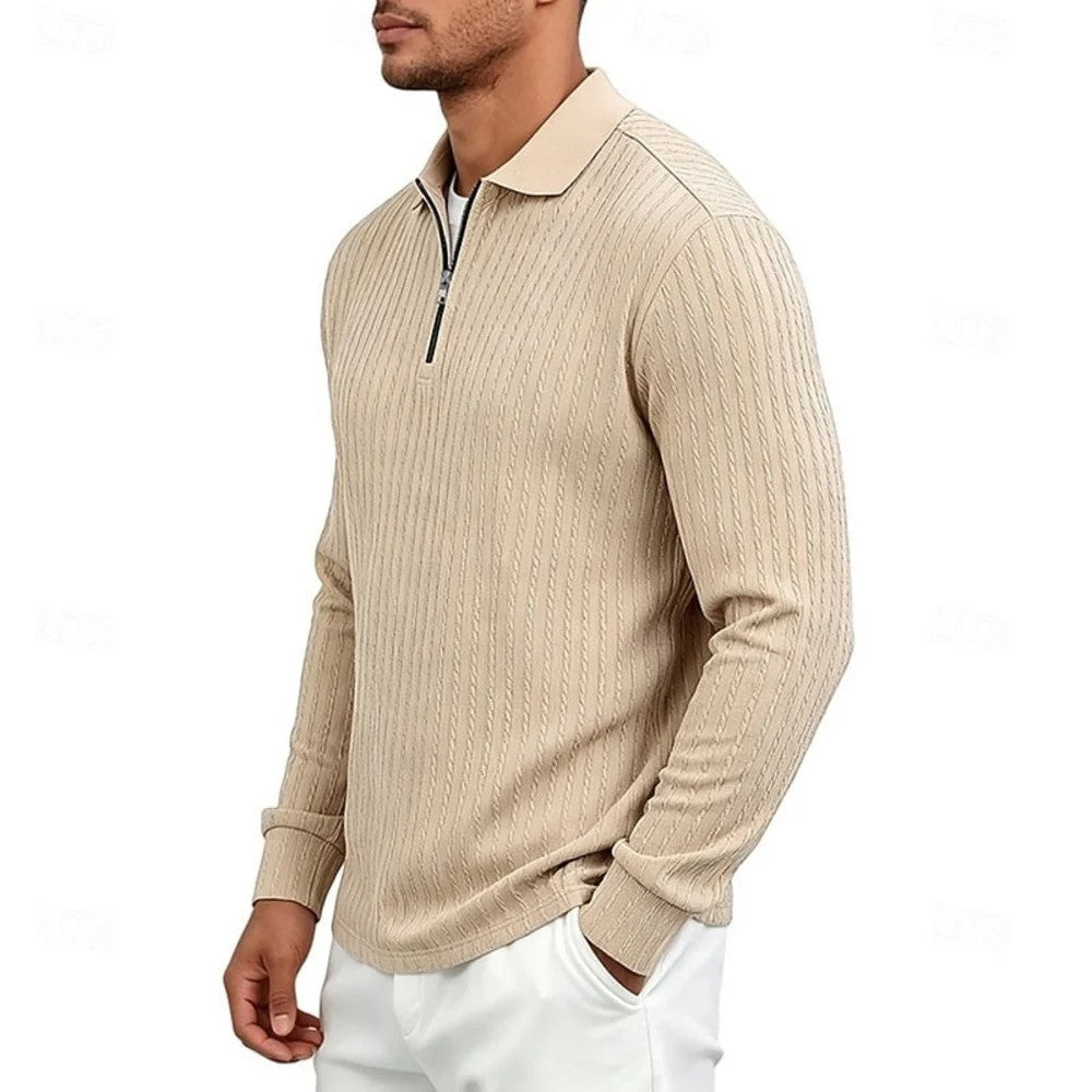 Kaven - Men's Quarter-Zip Polo Long Sleeve Textured Knit