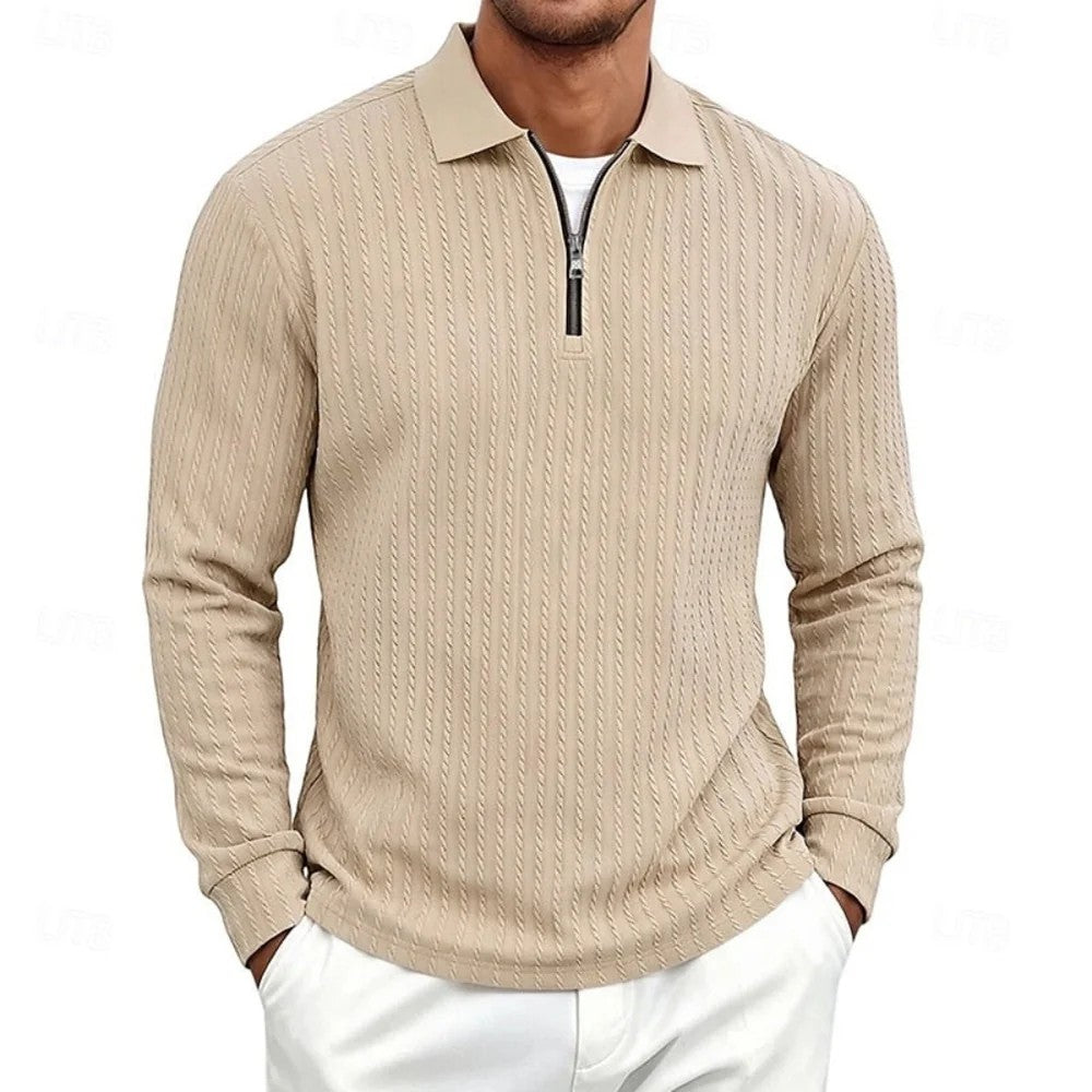 Kaven - Men's Quarter-Zip Polo Long Sleeve Textured Knit