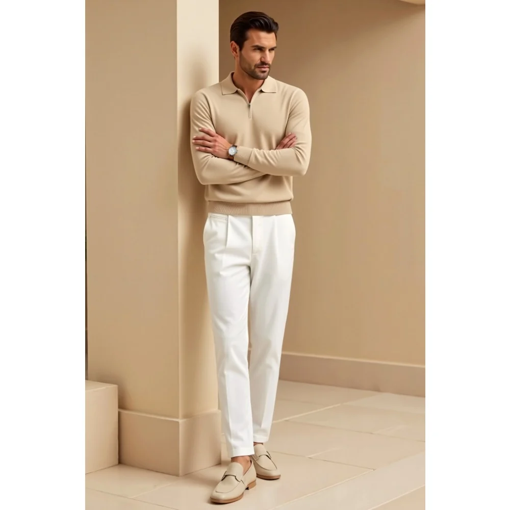 Kaven - Men's Quarter Zip Polo Top Long Sleeve Stretch Knit