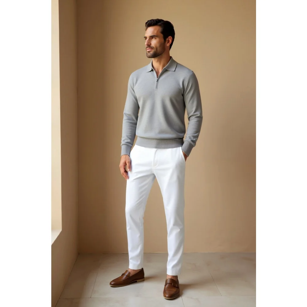 Kaven - Men's Quarter Zip Polo Top Long Sleeve Stretch Knit