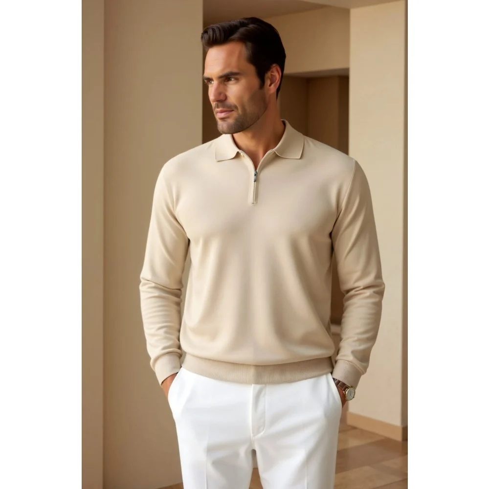 Kaven - Men's Quarter Zip Polo Top Long Sleeve Stretch Knit