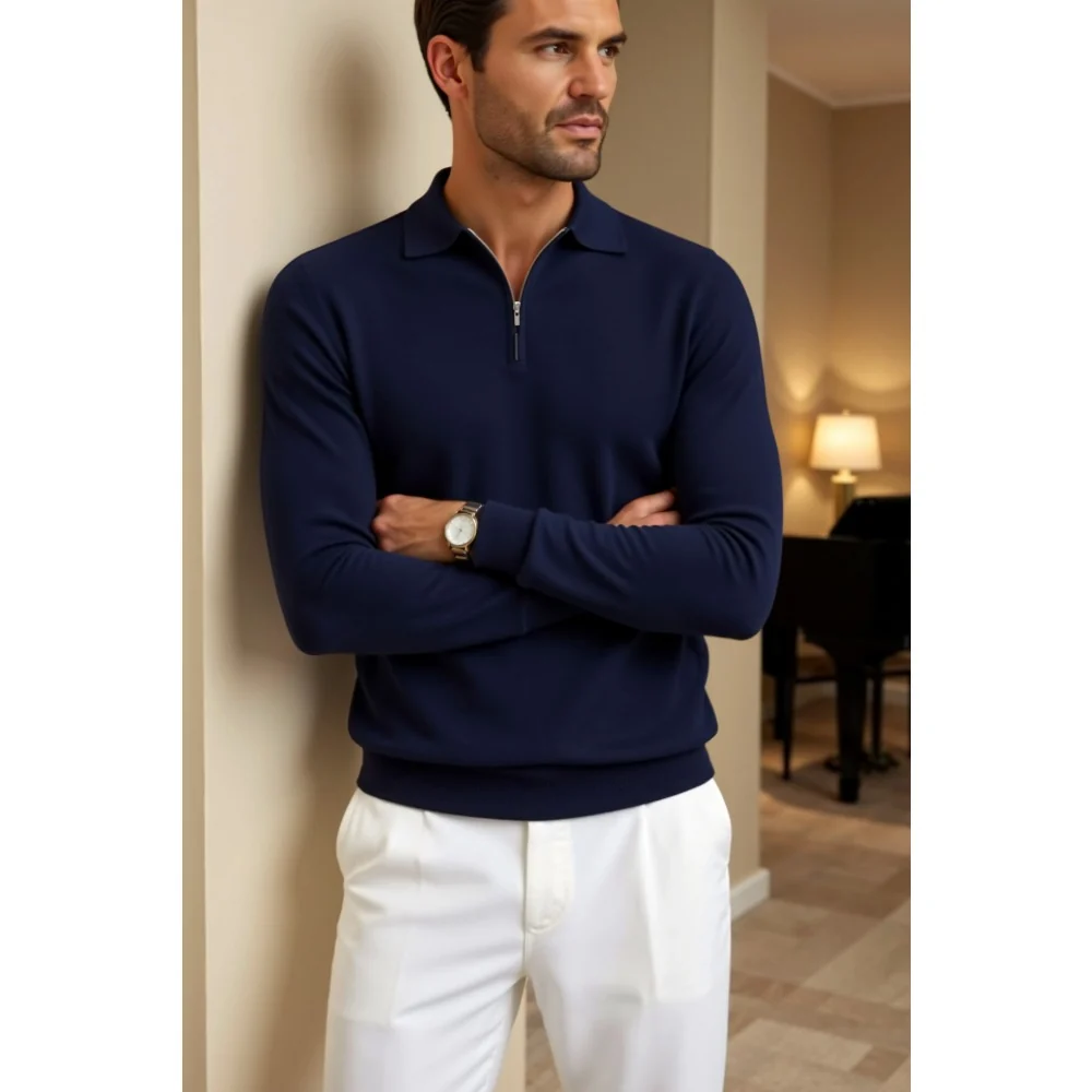 Kaven - Men's Quarter Zip Polo Top Long Sleeve Stretch Knit