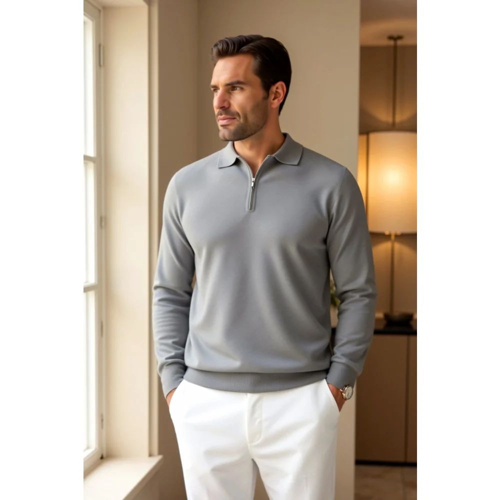 Kaven - Men's Quarter Zip Polo Top Long Sleeve Stretch Knit