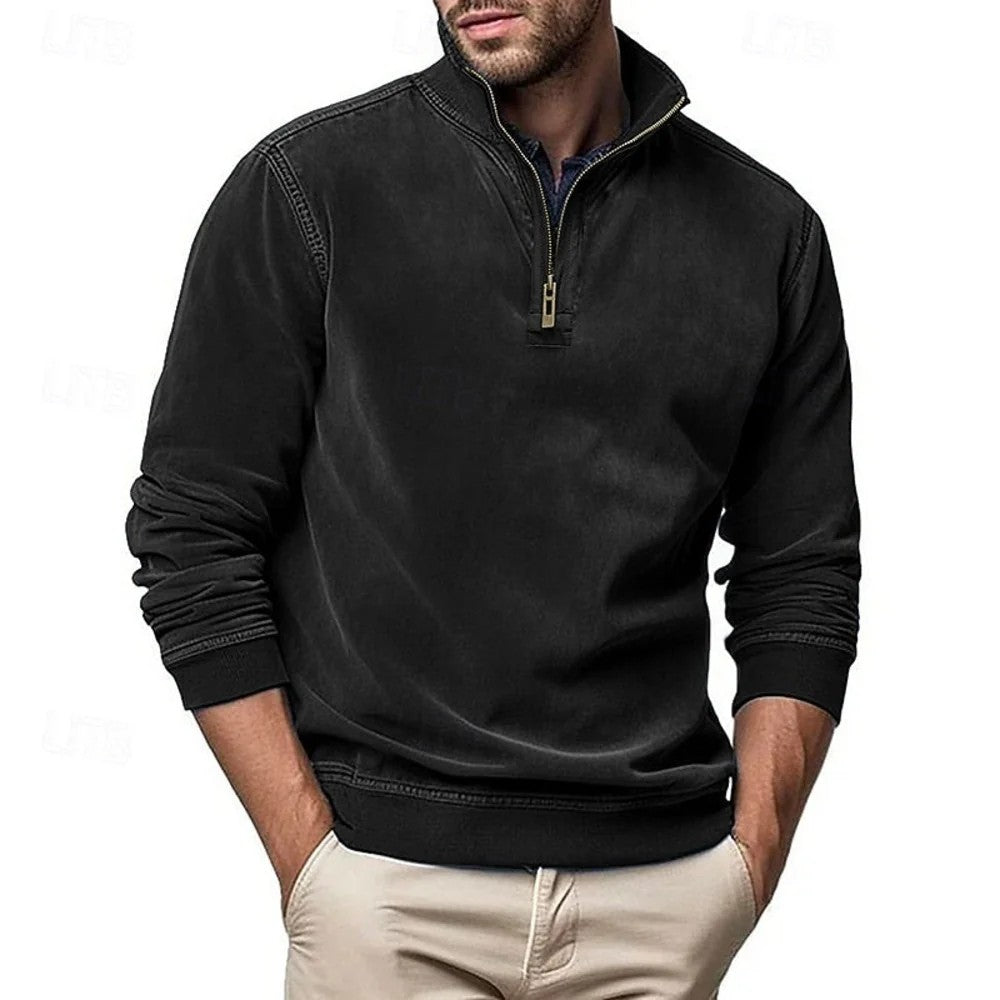 Kaven - Men's Quarter-Zip Sweatshirt Washed Stand Collar Brushed Inside