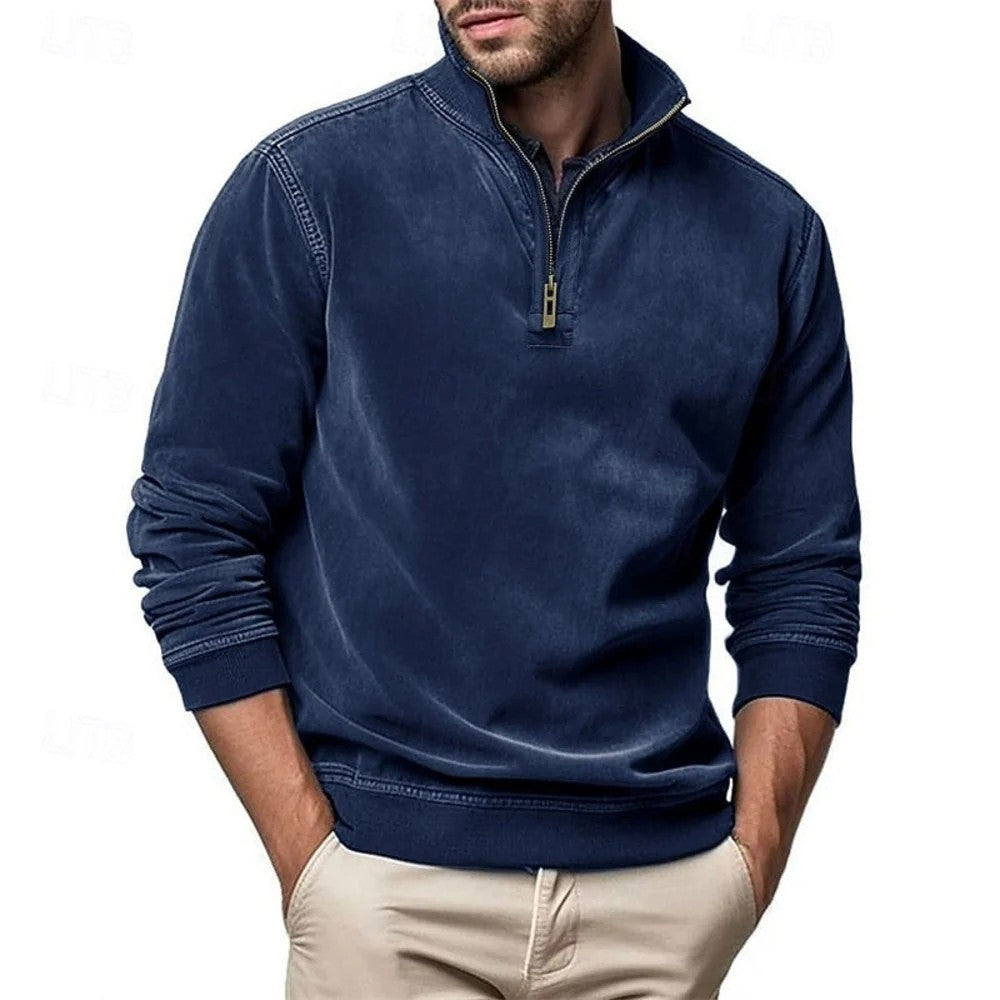 Kaven - Men's Quarter-Zip Sweatshirt Washed Stand Collar Brushed Inside