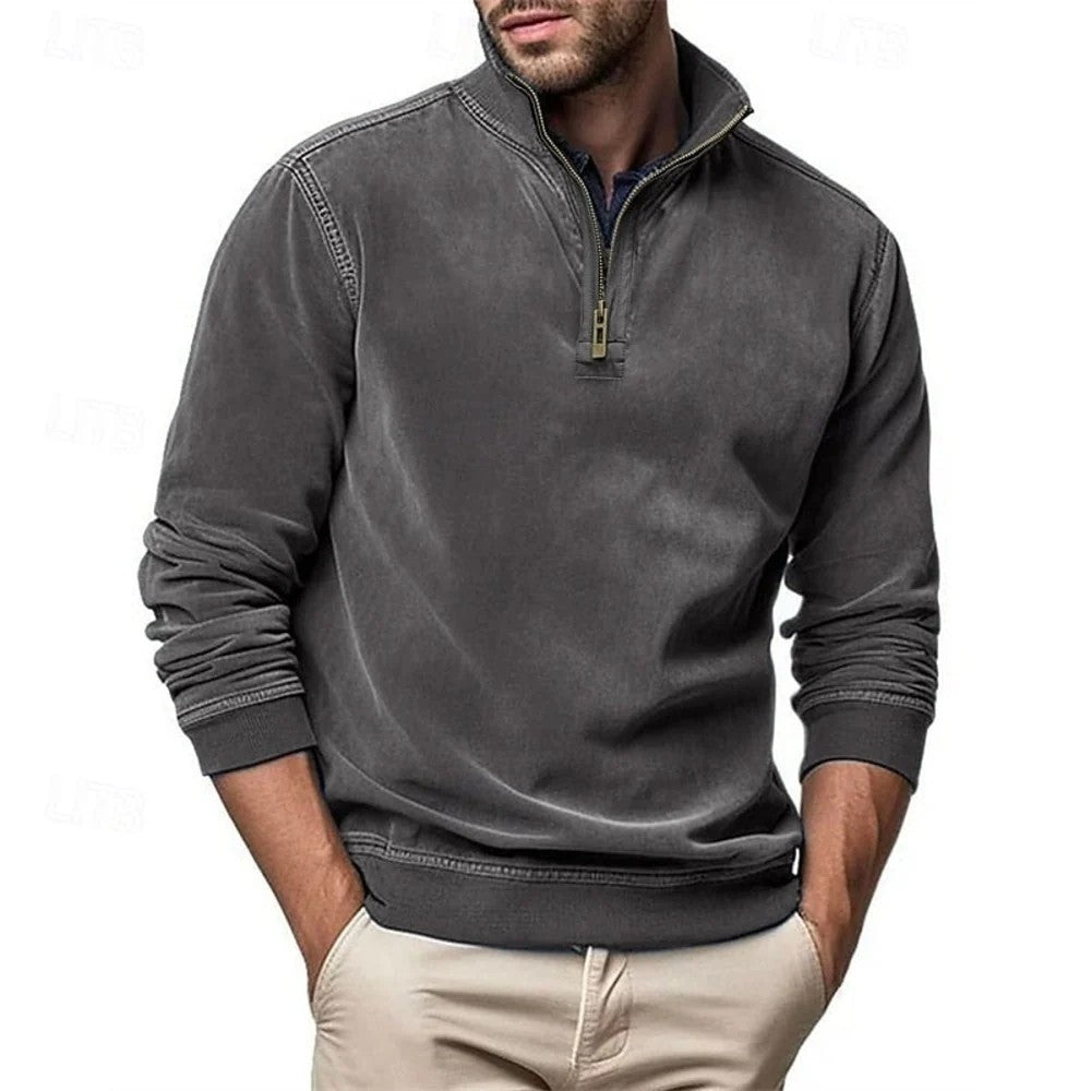 Kaven - Men's Quarter-Zip Sweatshirt Washed Stand Collar Brushed Inside