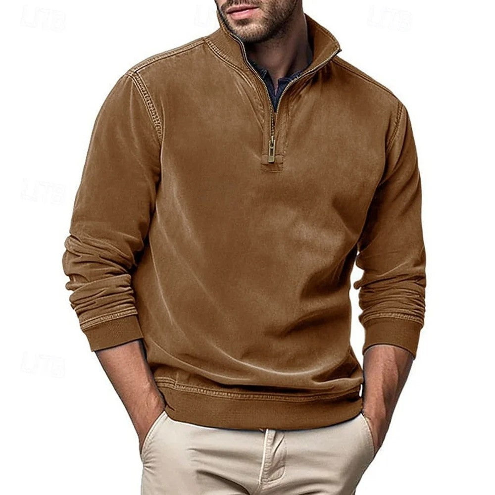 Kaven - Men's Quarter-Zip Sweatshirt Washed Stand Collar Brushed Inside