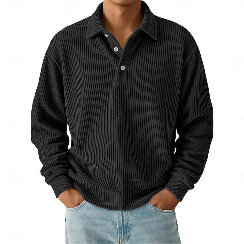 Kaven - Men's Ribbed Polo Long Sleeve Three-Button Knit