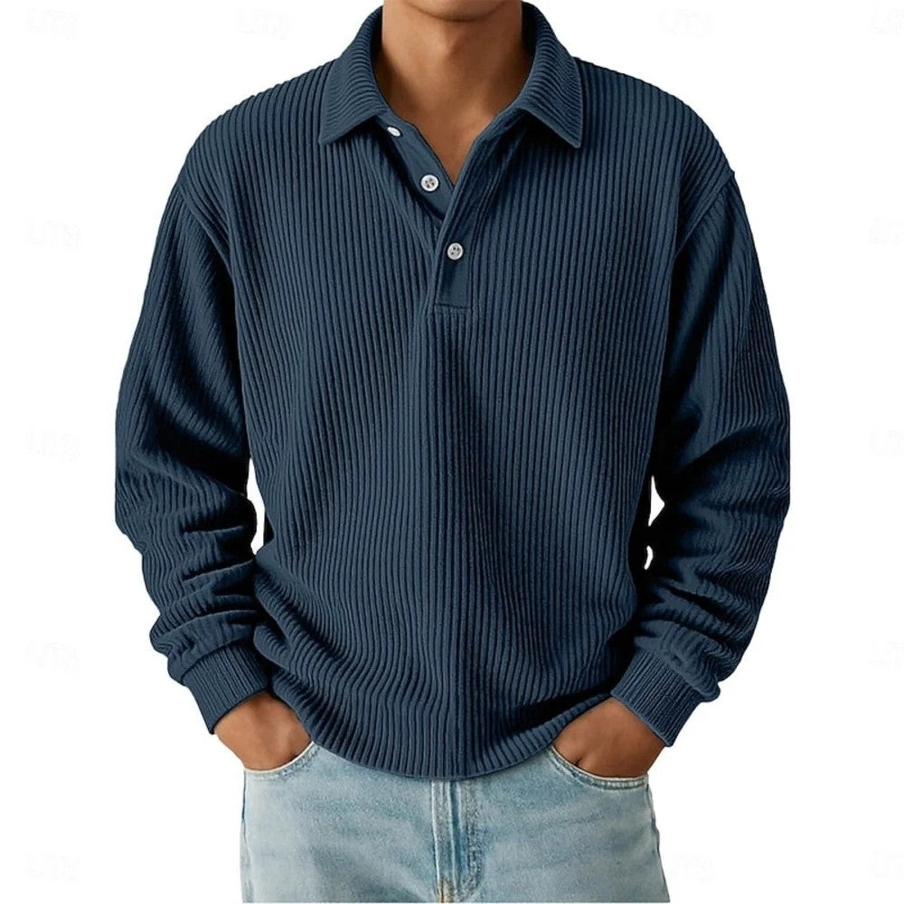 Kaven - Men's Ribbed Polo Long Sleeve Three-Button Knit
