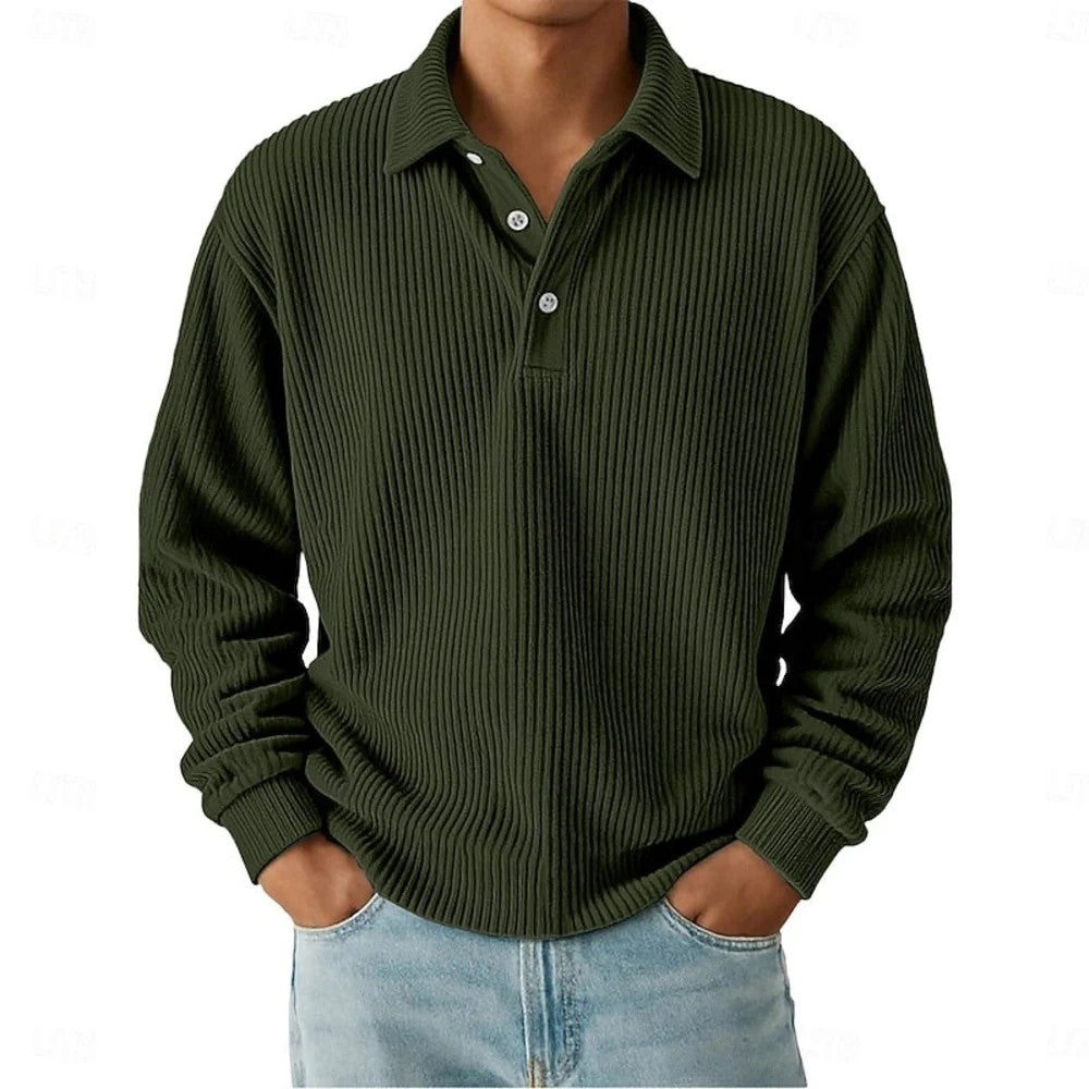 Kaven - Men's Ribbed Polo Long Sleeve Three-Button Knit