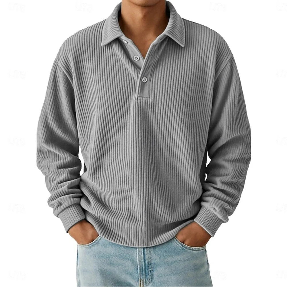 Kaven - Men's Ribbed Polo Long Sleeve Three-Button Knit