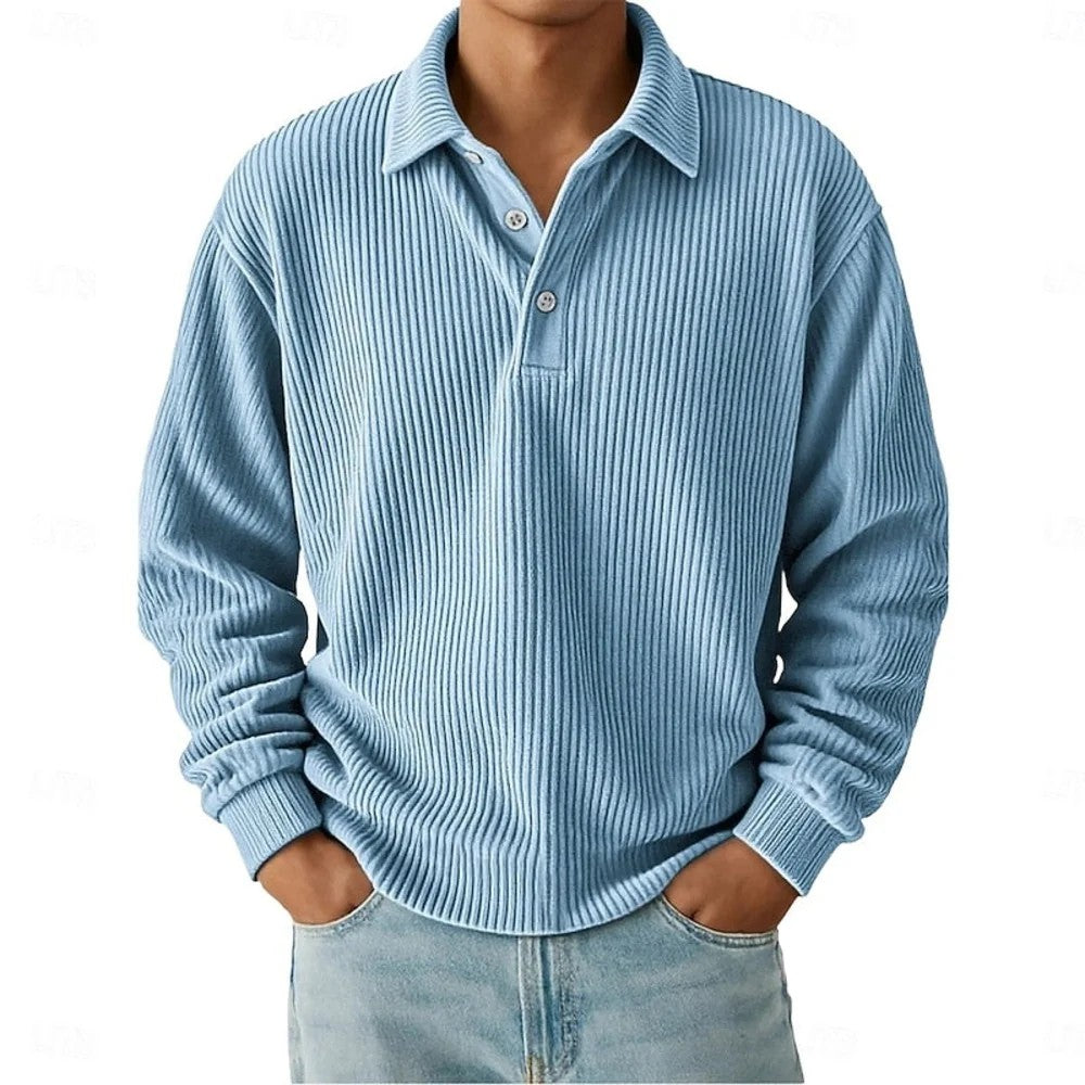 Kaven - Men's Ribbed Polo Long Sleeve Three-Button Knit