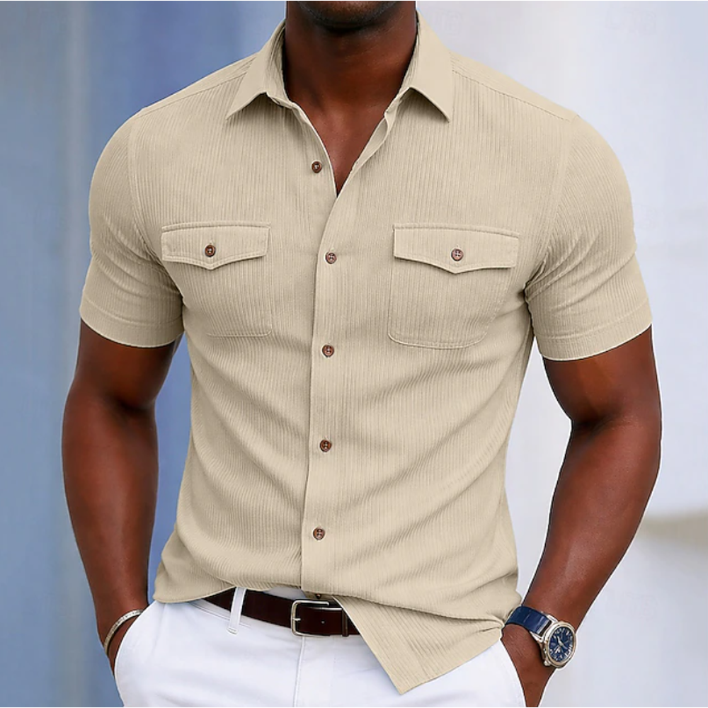 Kaven - Men's Short Sleeve Shirt Slim Fit Textured Flap Chest Pockets