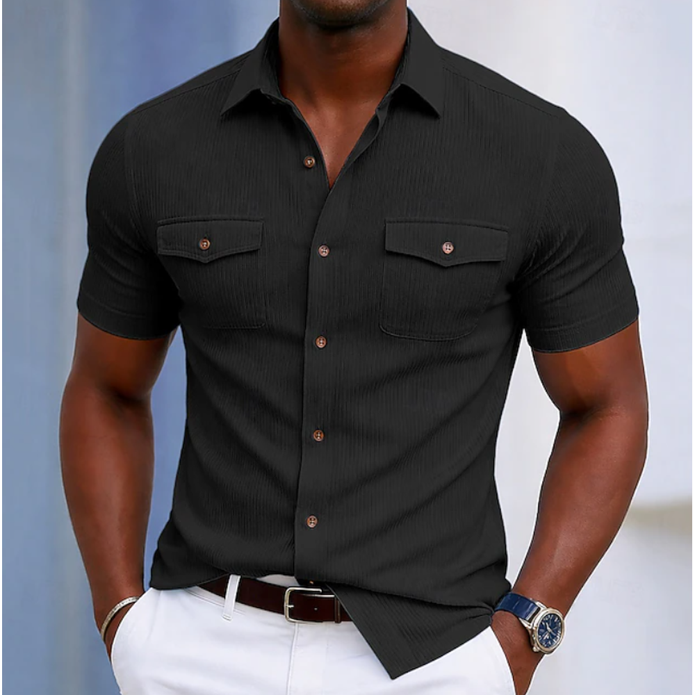 Kaven - Men's Short Sleeve Shirt Slim Fit Textured Flap Chest Pockets