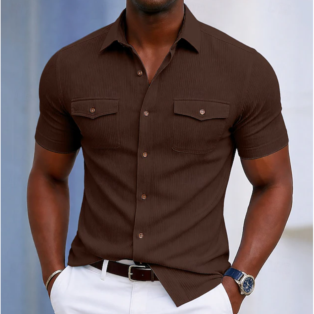 Kaven - Men's Short Sleeve Shirt Slim Fit Textured Flap Chest Pockets