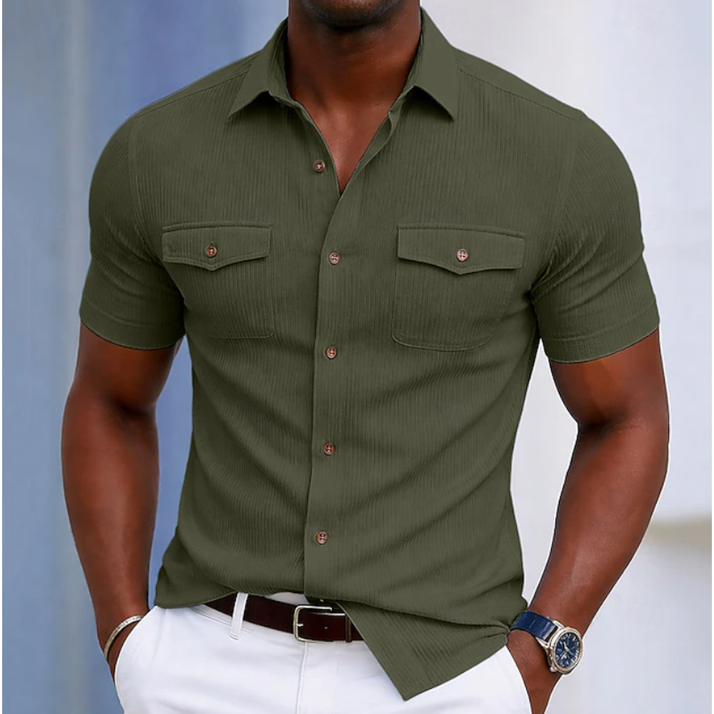 Kaven - Men's Short Sleeve Shirt Slim Fit Textured Flap Chest Pockets