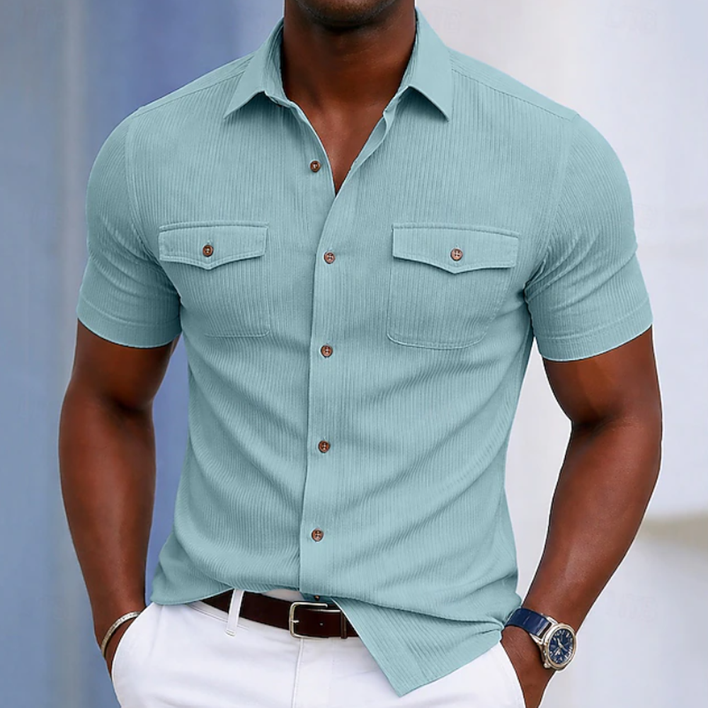 Kaven - Men's Short Sleeve Shirt Slim Fit Textured Flap Chest Pockets