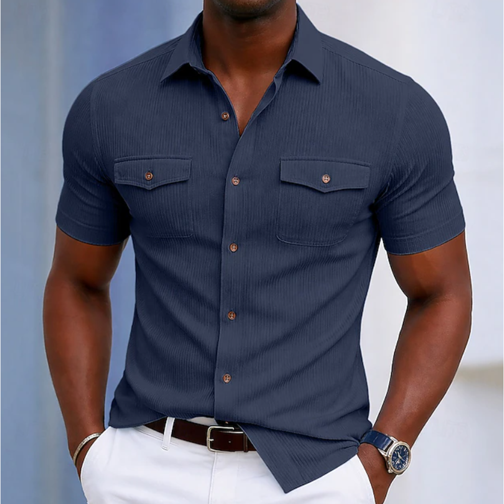Kaven - Men's Short Sleeve Shirt Slim Fit Textured Flap Chest Pockets