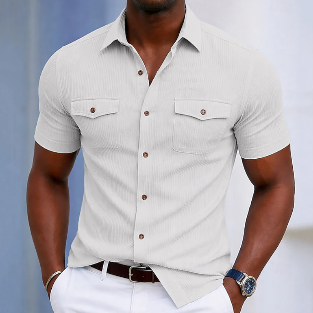 Kaven - Men's Short Sleeve Shirt Slim Fit Textured Flap Chest Pockets