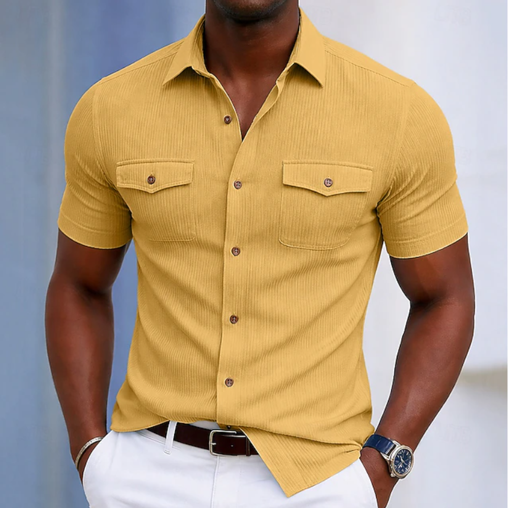 Kaven - Men's Short Sleeve Shirt Slim Fit Textured Flap Chest Pockets