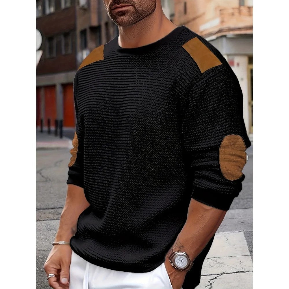 Kaven - Men's Textured Jumper Crew Neck Elbow Patches