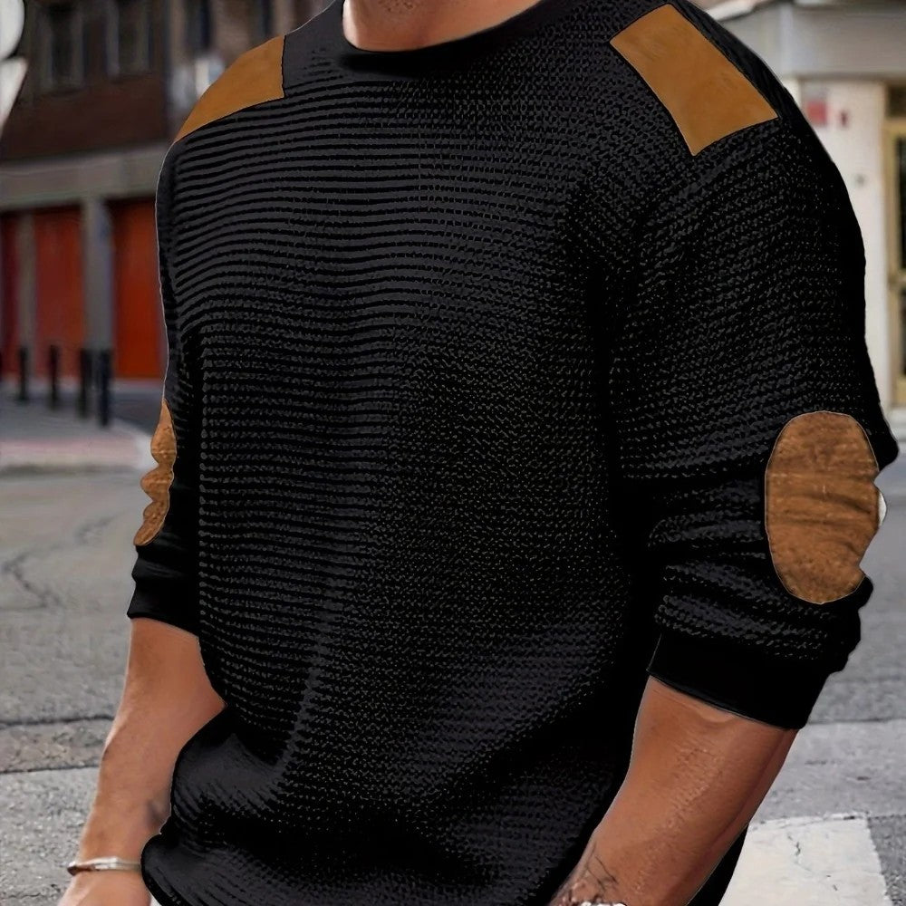 Kaven - Men's Textured Jumper Crew Neck Elbow Patches