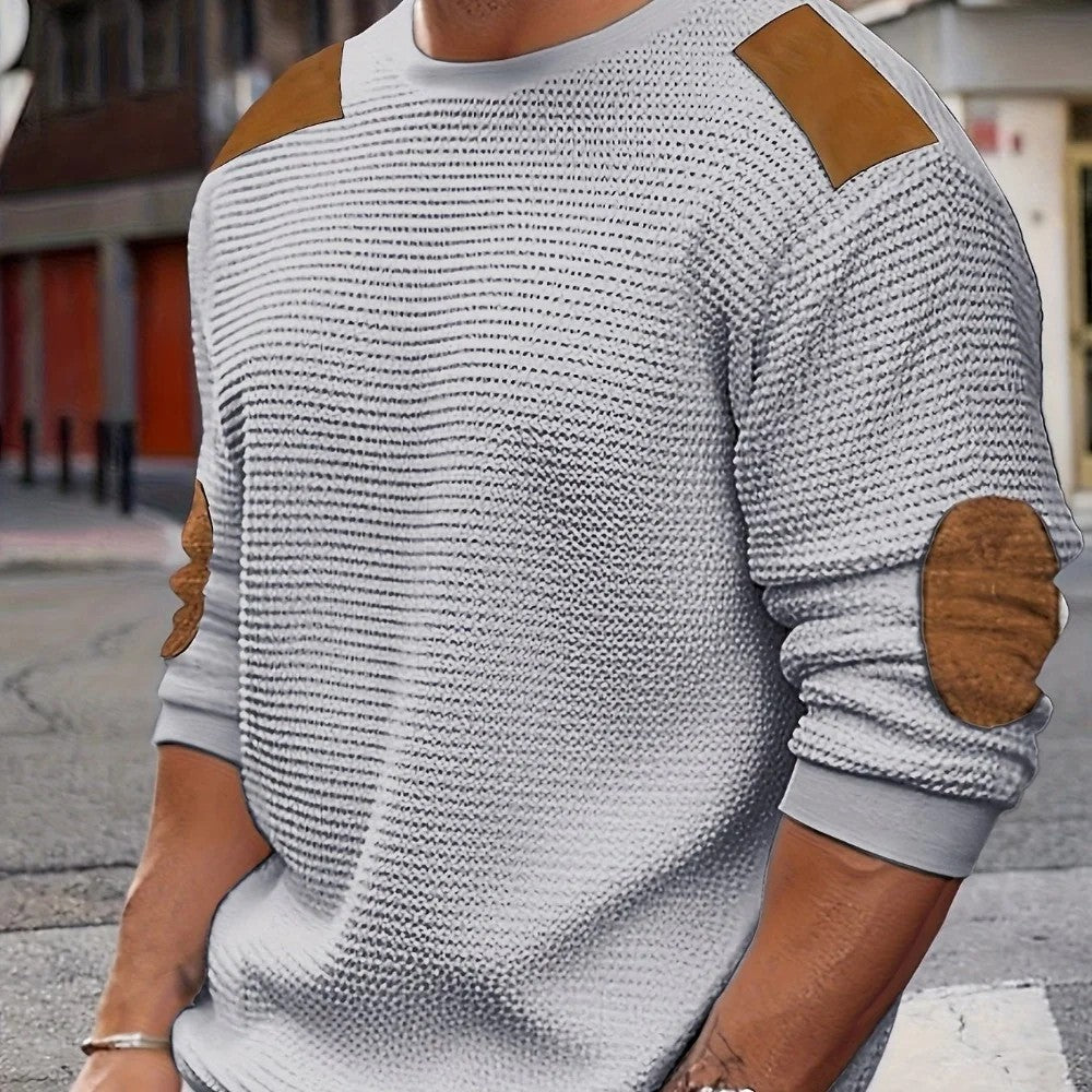 Kaven - Men's Textured Jumper Crew Neck Elbow Patches