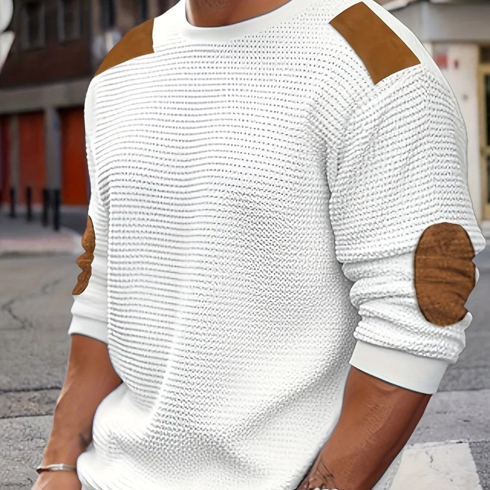Kaven - Men's Textured Jumper Crew Neck Elbow Patches