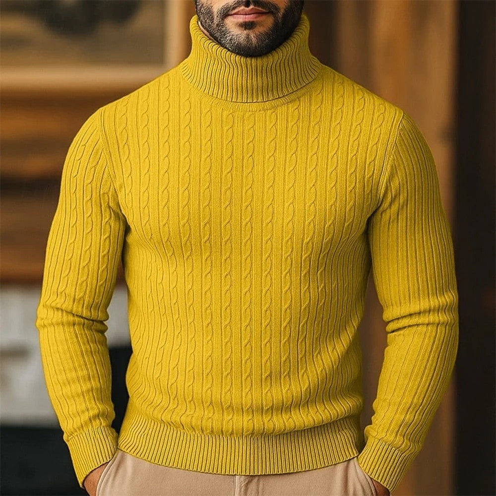 Kaven - Men's Turtleneck Jumper Fine Cable Knit Slim