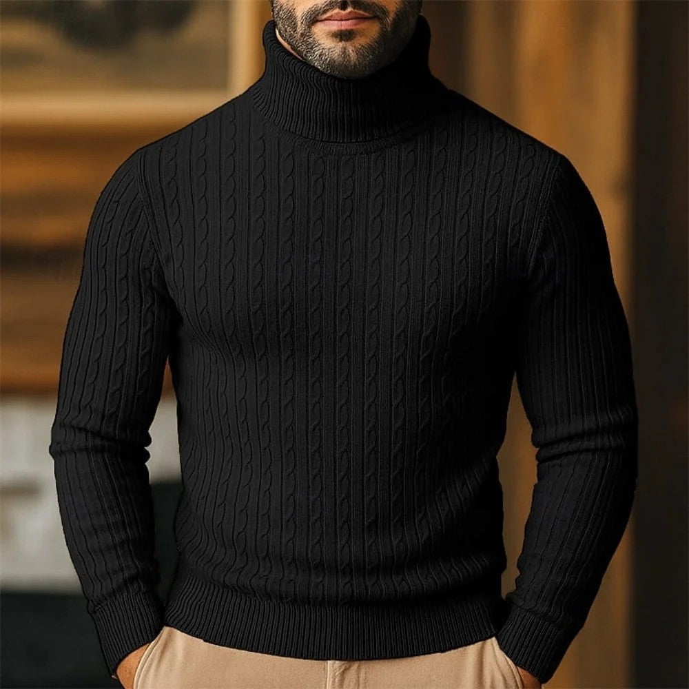 Kaven - Men's Turtleneck Jumper Fine Cable Knit Slim