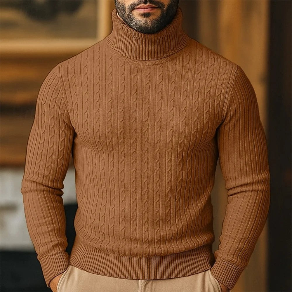 Kaven - Men's Turtleneck Jumper Fine Cable Knit Slim