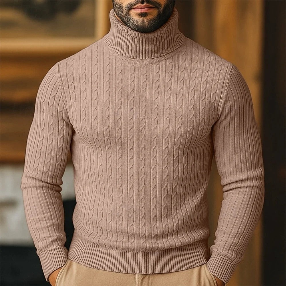 Kaven - Men's Turtleneck Jumper Fine Cable Knit Slim