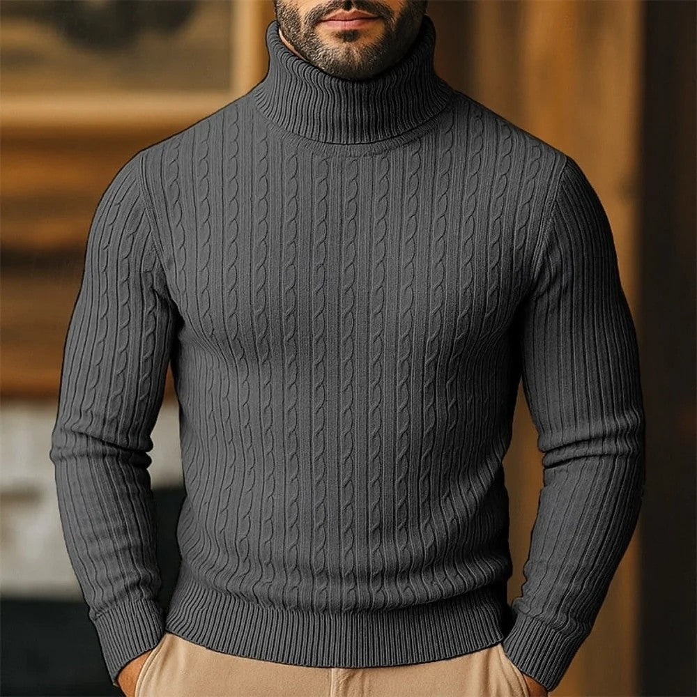 Kaven - Men's Turtleneck Jumper Fine Cable Knit Slim