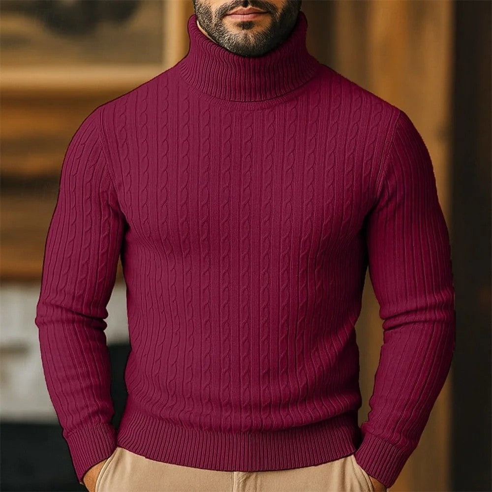 Kaven - Men's Turtleneck Jumper Fine Cable Knit Slim