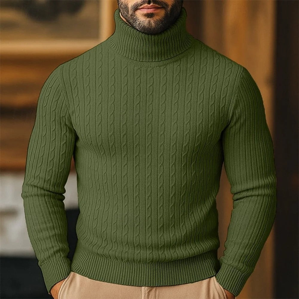 Kaven - Men's Turtleneck Jumper Fine Cable Knit Slim