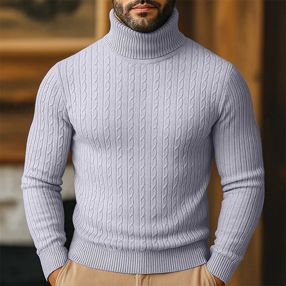 Kaven - Men's Turtleneck Jumper Fine Cable Knit Slim