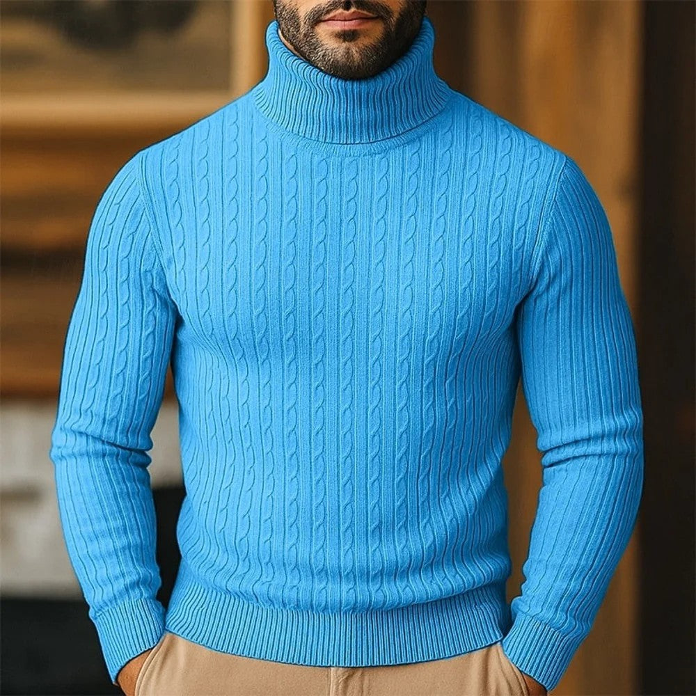 Kaven - Men's Turtleneck Jumper Fine Cable Knit Slim
