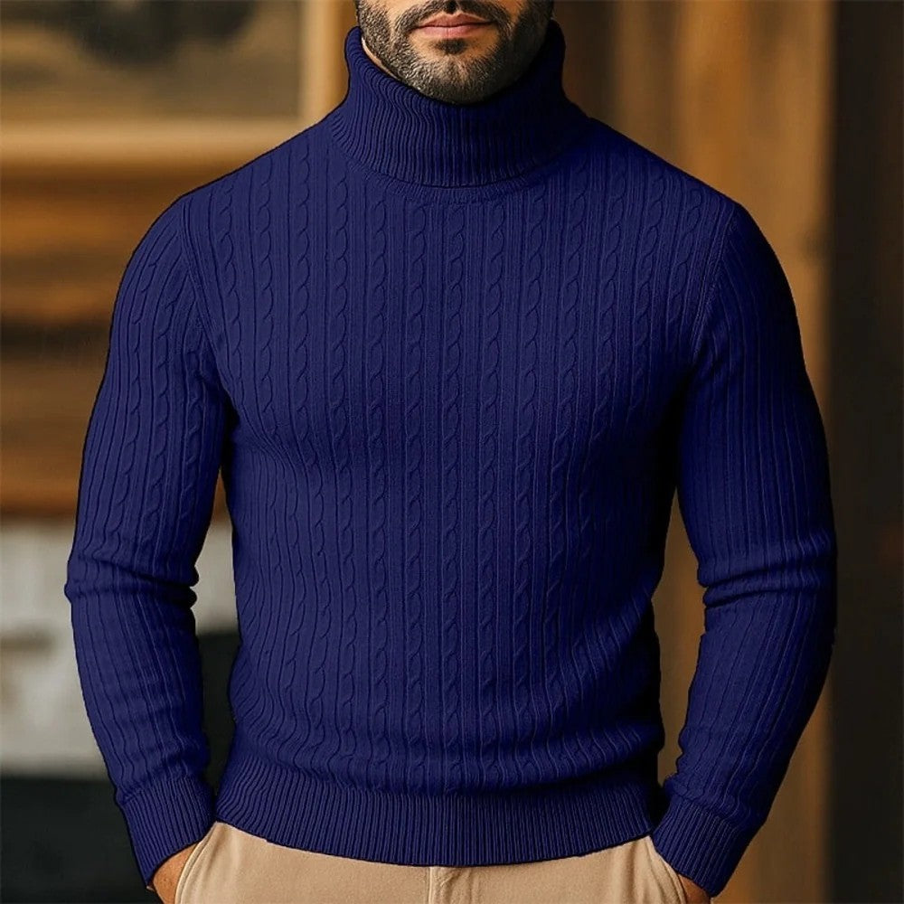 Kaven - Men's Turtleneck Jumper Fine Cable Knit Slim