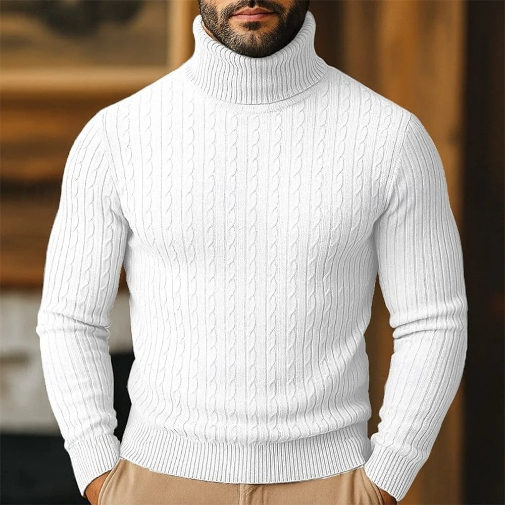 Kaven - Men's Turtleneck Jumper Fine Cable Knit Slim