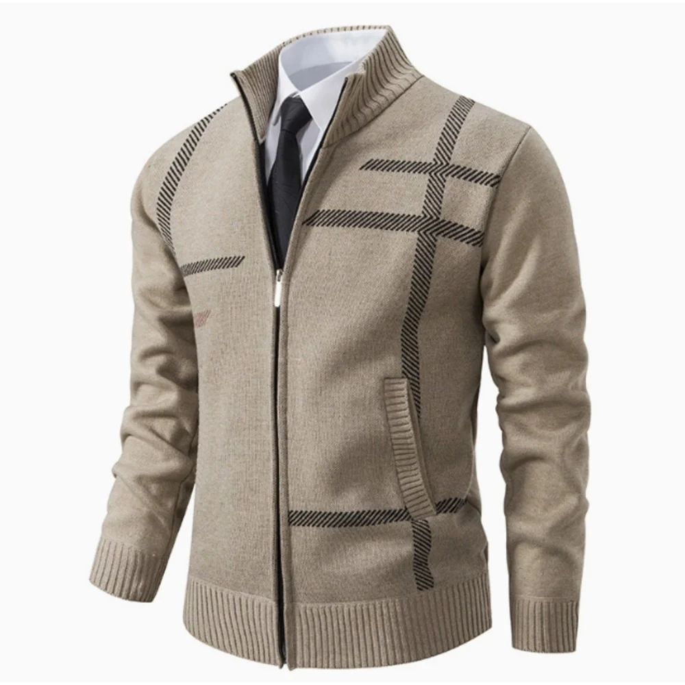 Kaven - Men's Zip Cardigan Knitted Stand Collar Grid Pattern