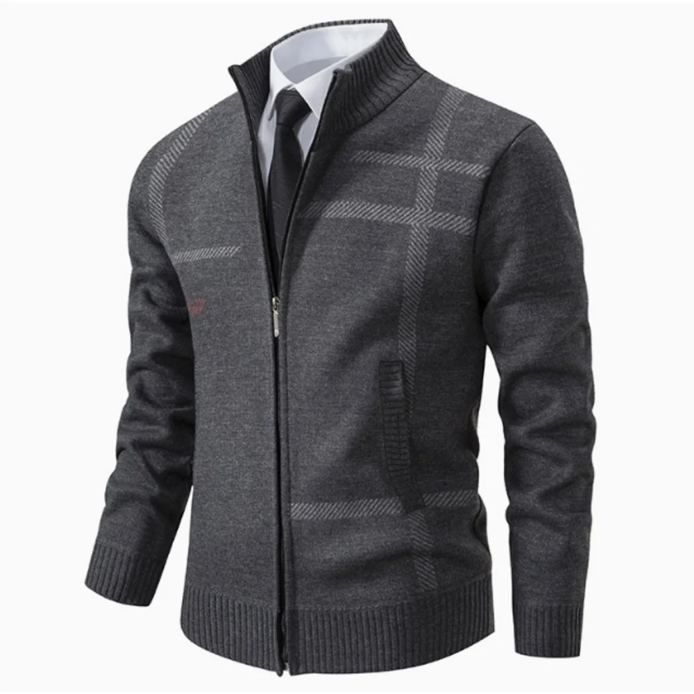 Kaven - Men's Zip Cardigan Knitted Stand Collar Grid Pattern