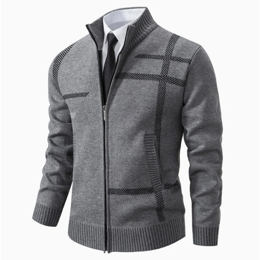 Kaven - Men's Zip Cardigan Knitted Stand Collar Grid Pattern