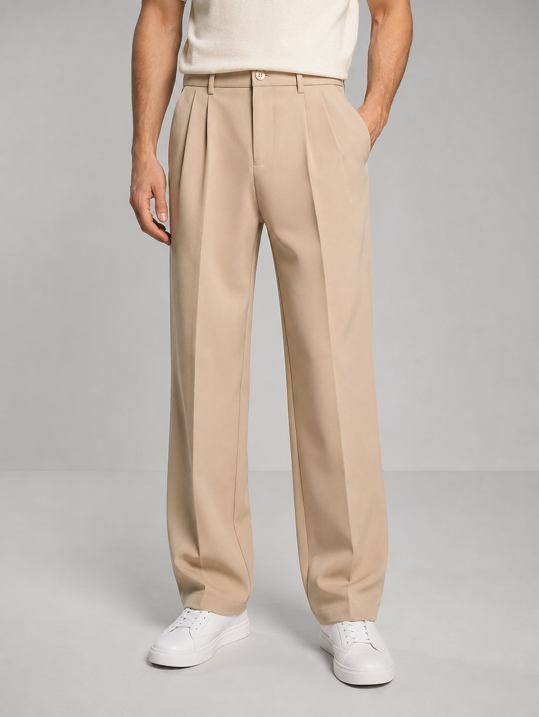 Kaven Pleated Straight Leg Pants - Beige