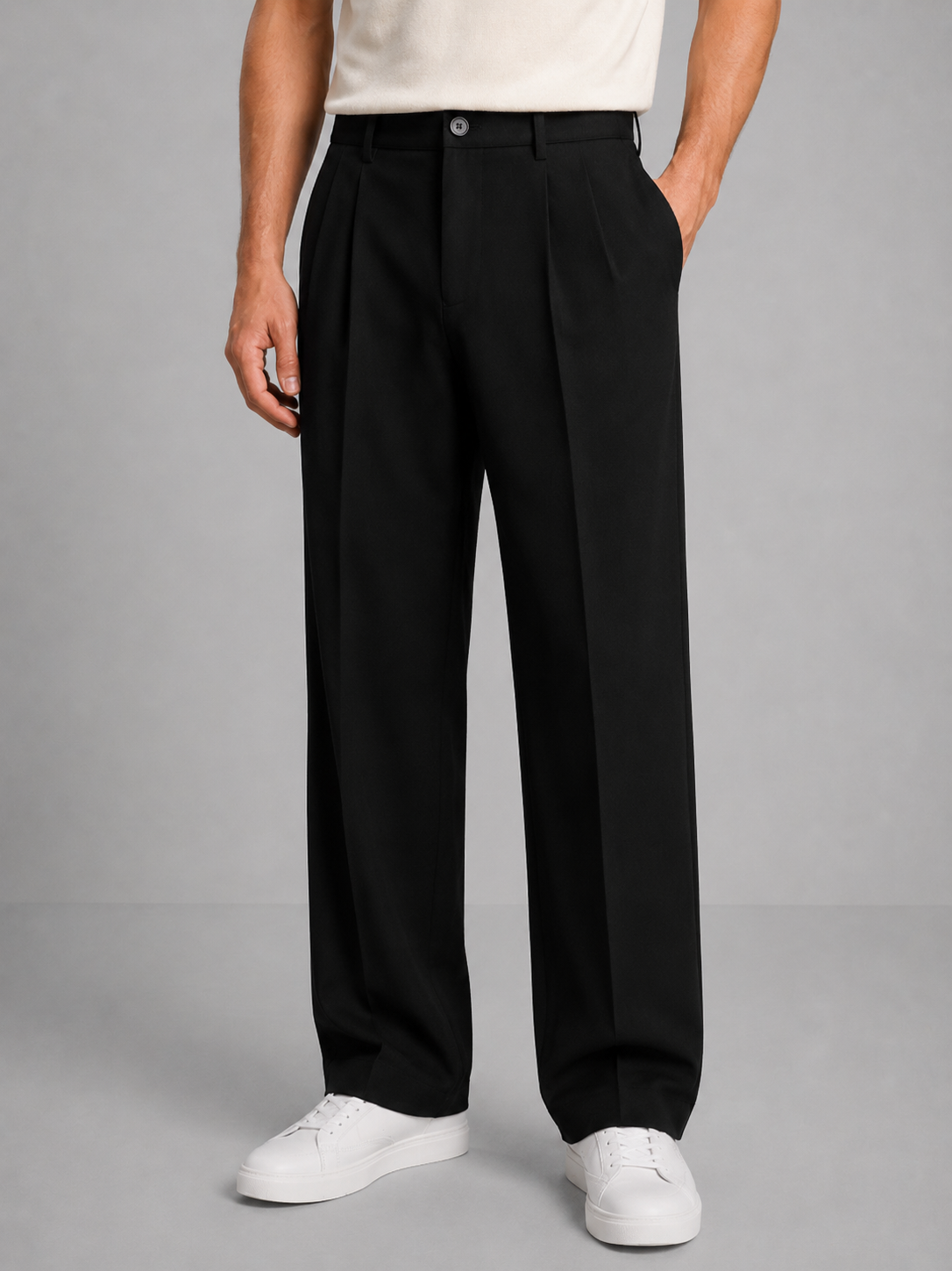 Kaven Pleated Straight Leg Pants - Black