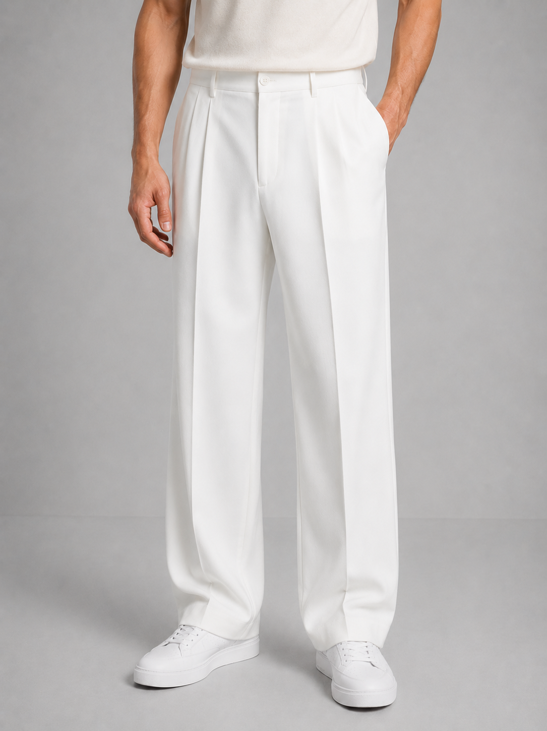 Kaven Pleated Straight Leg Pants - White