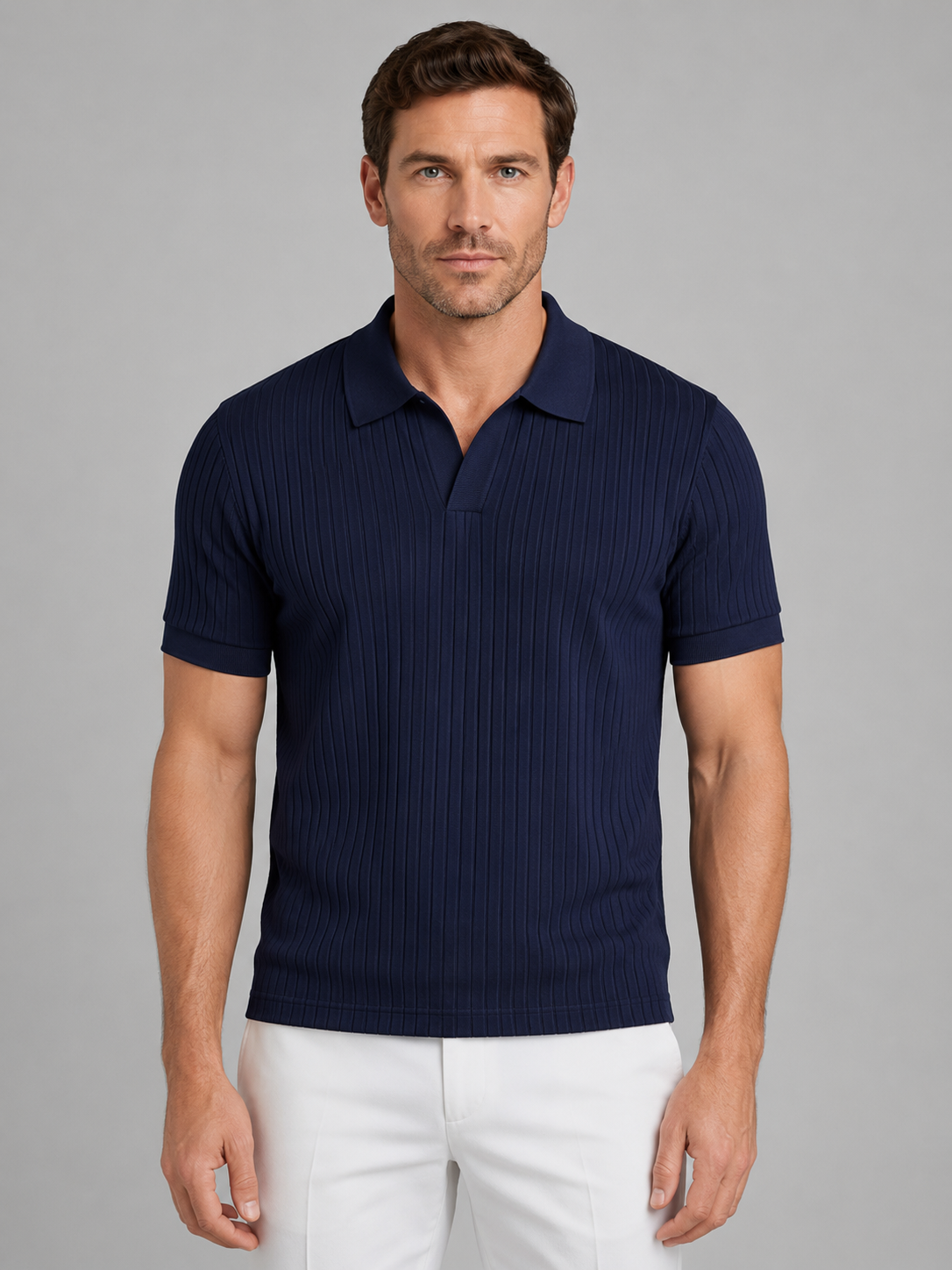 Kaven Ribbed Knit Polo Shirt - Navy